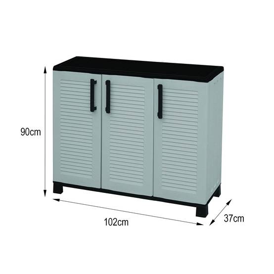 Dmora - Armoire d'extérieur Dbelpann, Armoire de balcon polyvalente, Armoire d'extérieur 3 portes, 102x37h90 cm, Gris clair et noir, Finition rayée - Dmora - Image 3
