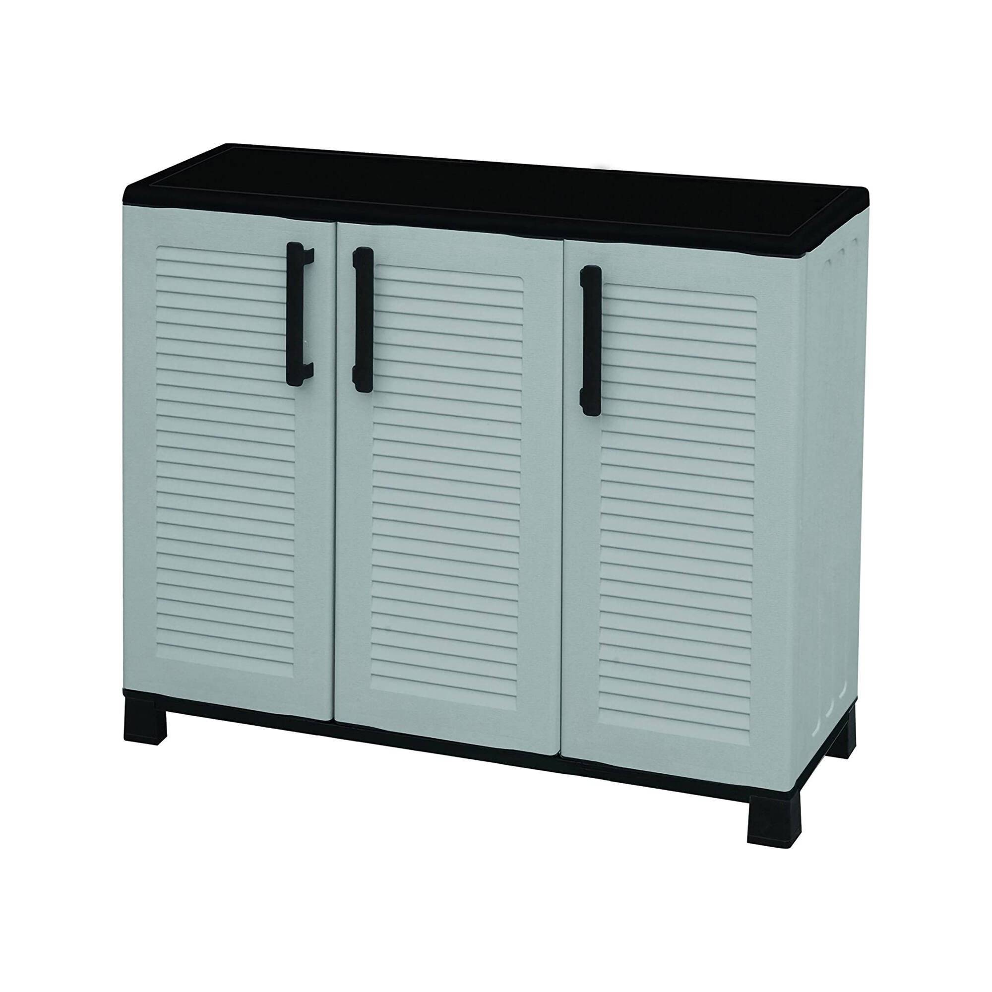 Dmora - Armoire d'extérieur Dbelpann, Armoire de balcon polyvalente, Armoire d'extérieur 3 portes, 102x37h90 cm, Gris clair et noir, Finition rayée - Dmora