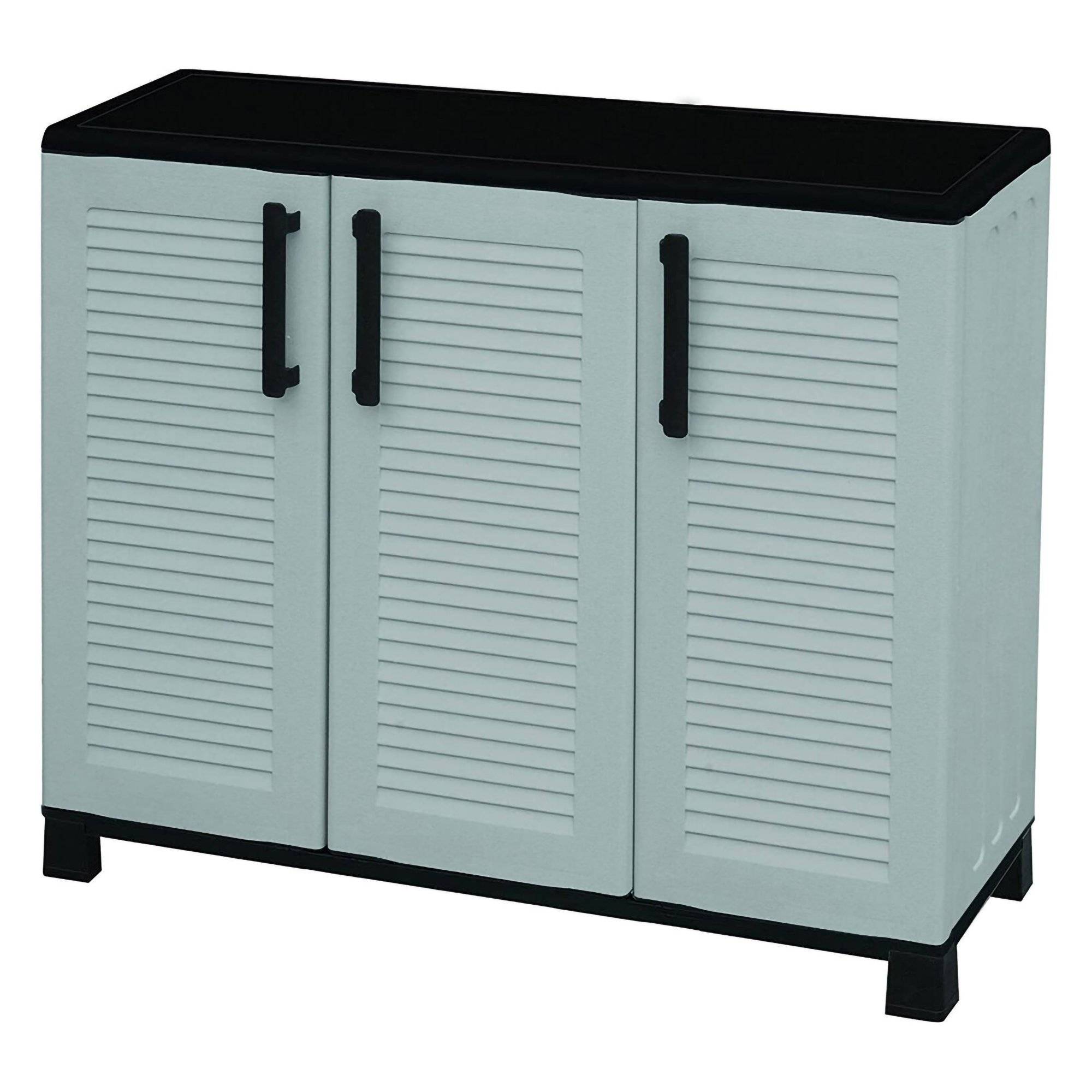 Dmora - Armoire d'extérieur Dbelpann, Armoire de balcon polyvalente, Armoire d'extérieur 3 portes, 102x37h90 cm, Gris clair et noir, Finition rayée - Dmora - Image 4