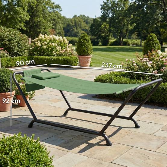 Hamac jardin avec support, poche latérale et appui-tête, métal polyester, 237x90x92cm, vert foncé - Image 5