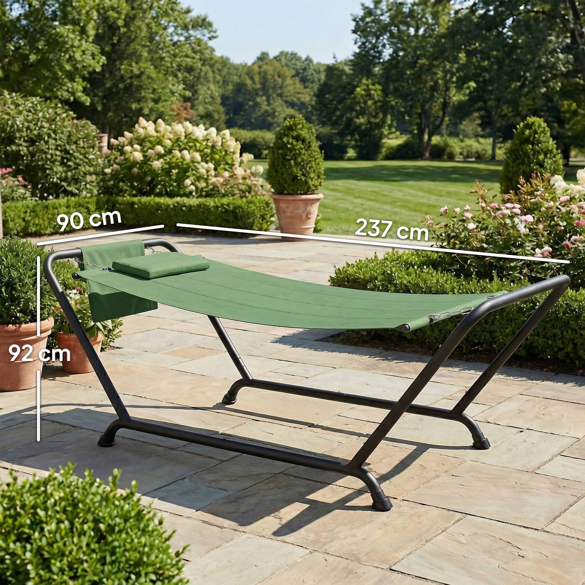 Hamac jardin avec support, poche latérale et appui-tête, métal polyester, 237x90x92cm, vert foncé - Image 5
