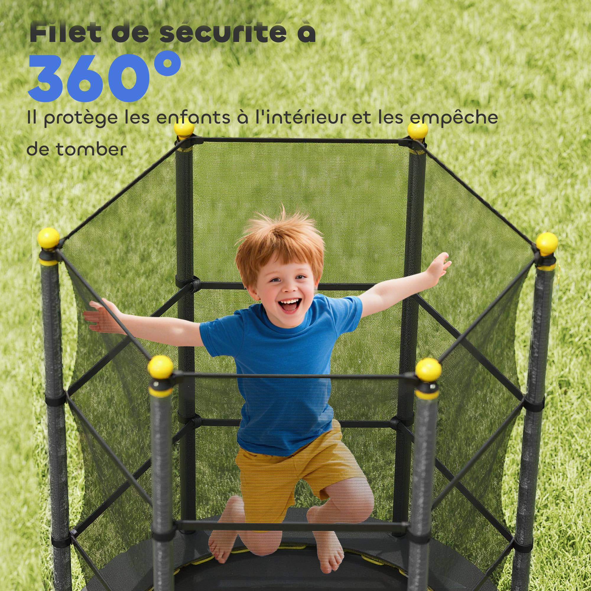 Trampoline Enfant Ø 1,40 × 1,90H m Filet de sécurité Porte zipée Couvre-Ressorts 6 poteaux rembourrés Inclus - Image 9
