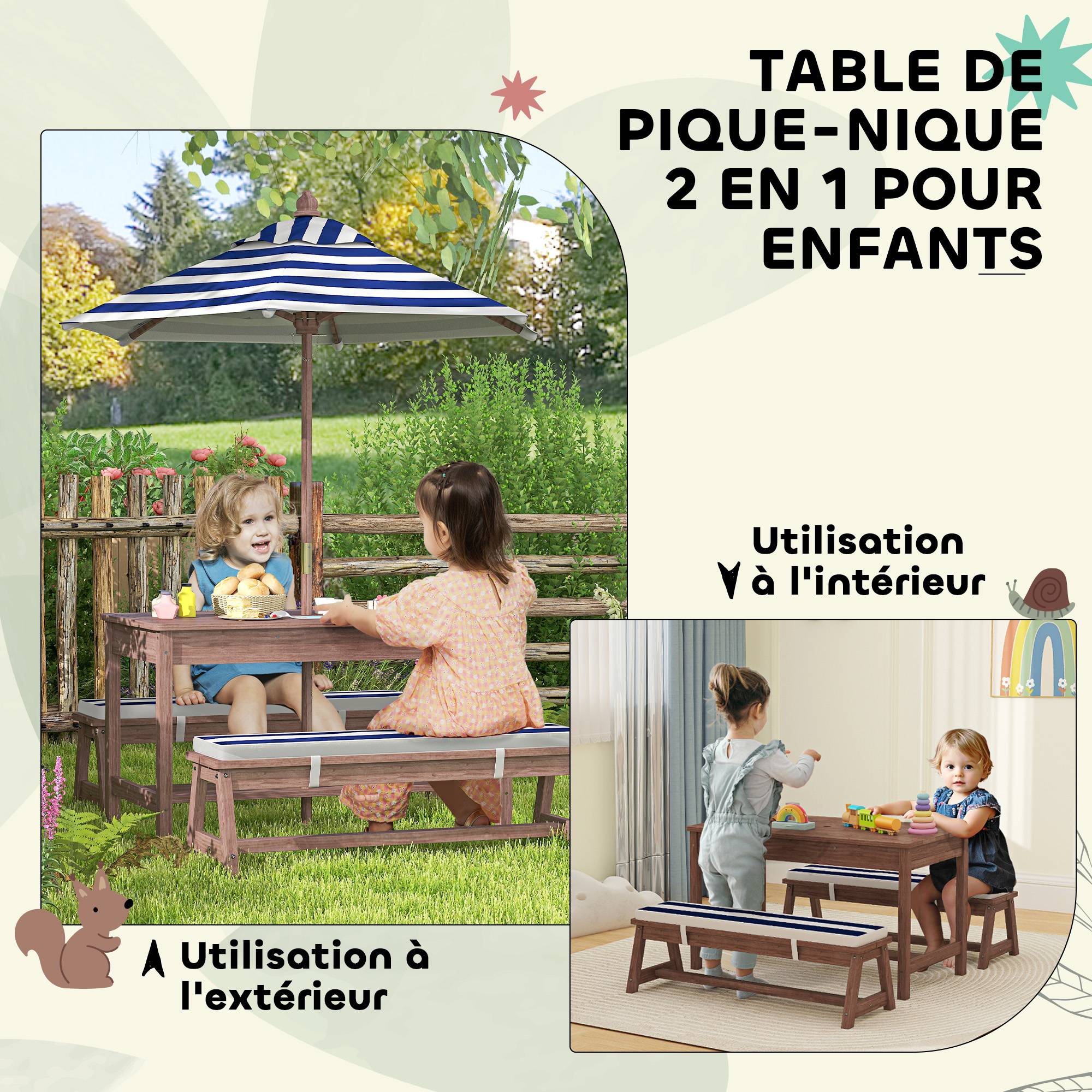 Ensemble salon de jardin extérieur enfant avec coussins et parasol amovible, rayé bleu marine et blanc - Image 8