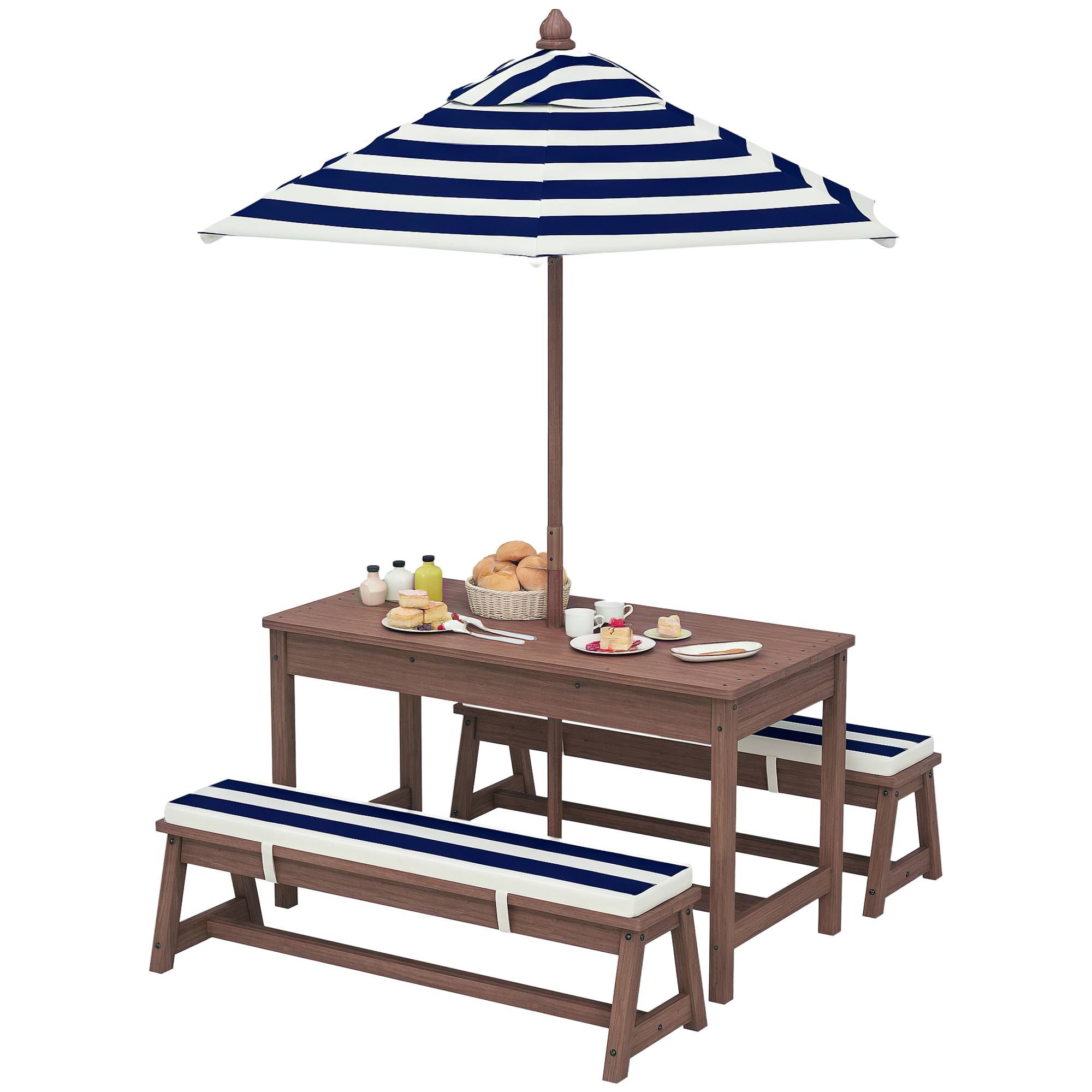 Ensemble salon de jardin extérieur enfant avec coussins et parasol amovible, rayé bleu marine et blanc - Image 1