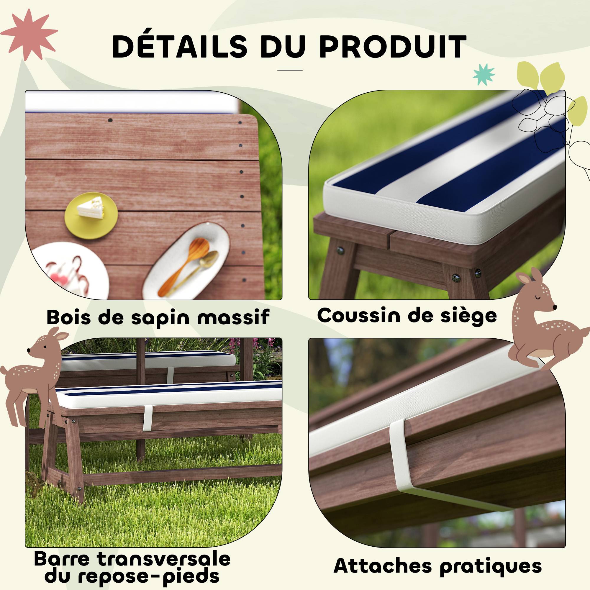 Ensemble salon de jardin extérieur enfant avec coussins et parasol amovible, rayé bleu marine et blanc - Image 9