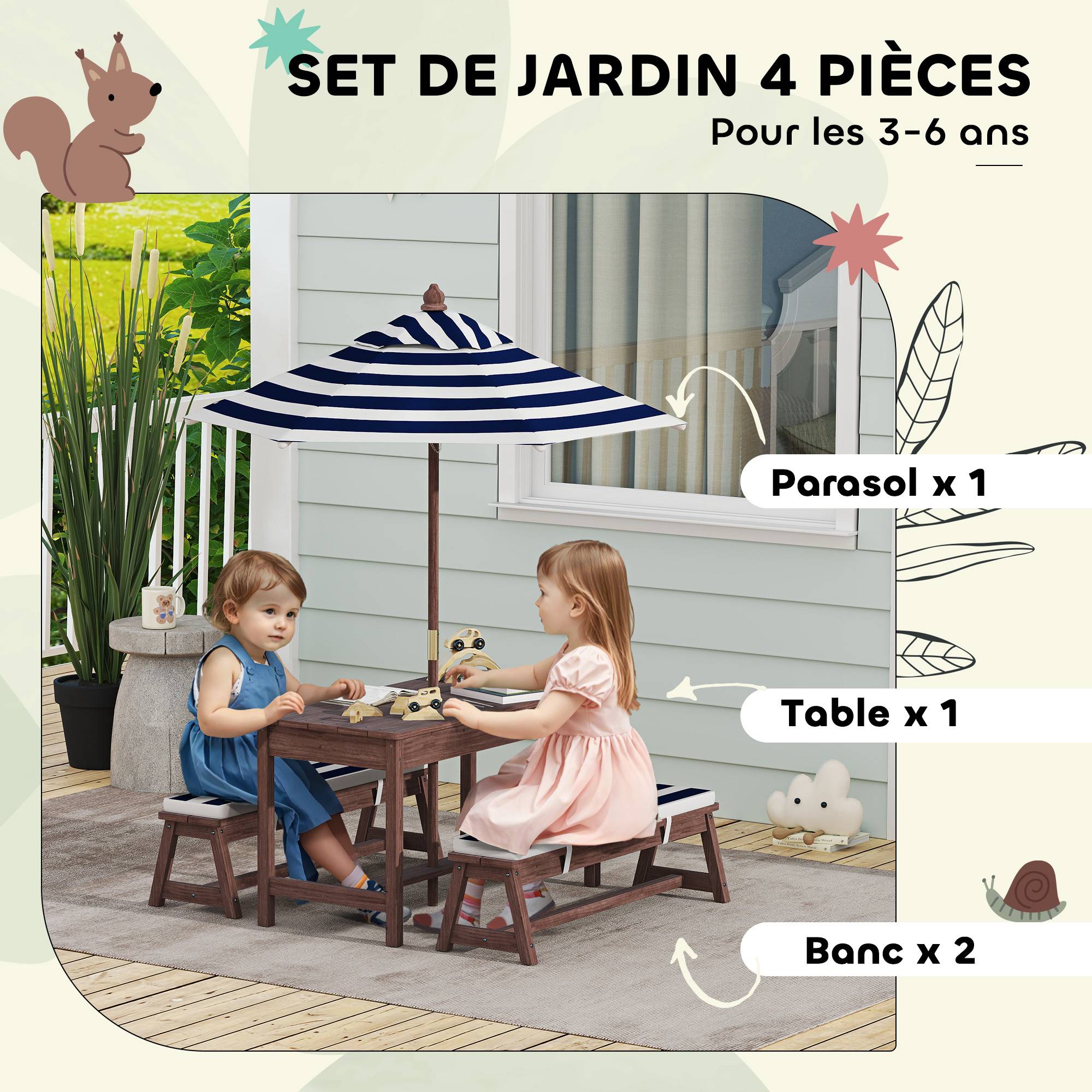 Ensemble salon de jardin extérieur enfant avec coussins et parasol amovible, rayé bleu marine et blanc - Image 6
