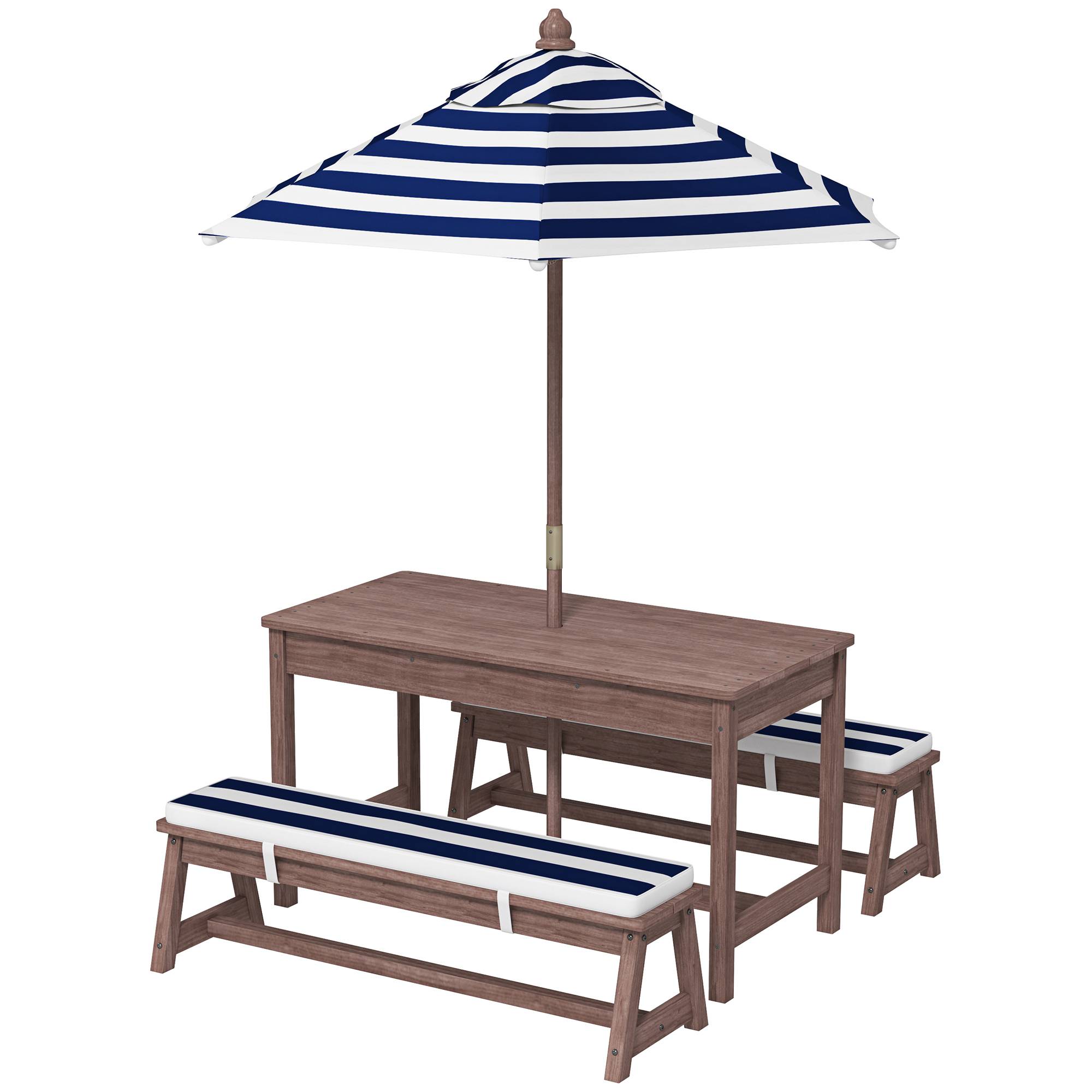 Ensemble salon de jardin extérieur enfant avec coussins et parasol amovible, rayé bleu marine et blanc - Image 2