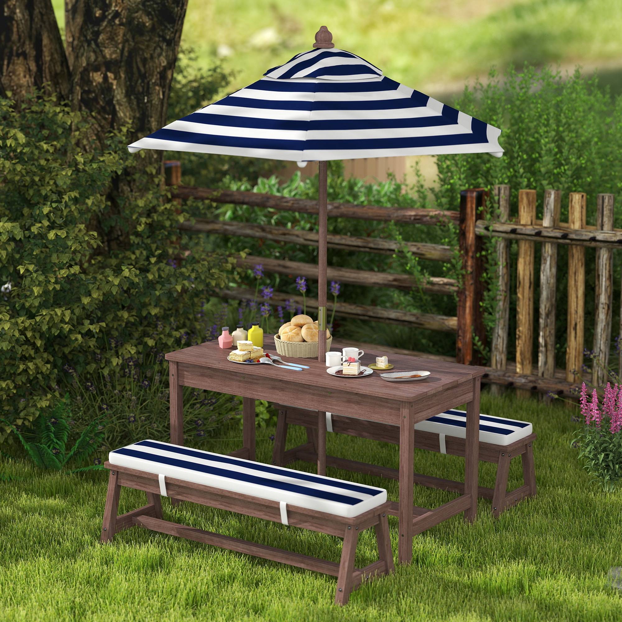 Ensemble salon de jardin extérieur enfant avec coussins et parasol amovible, rayé bleu marine et blanc - Image 4