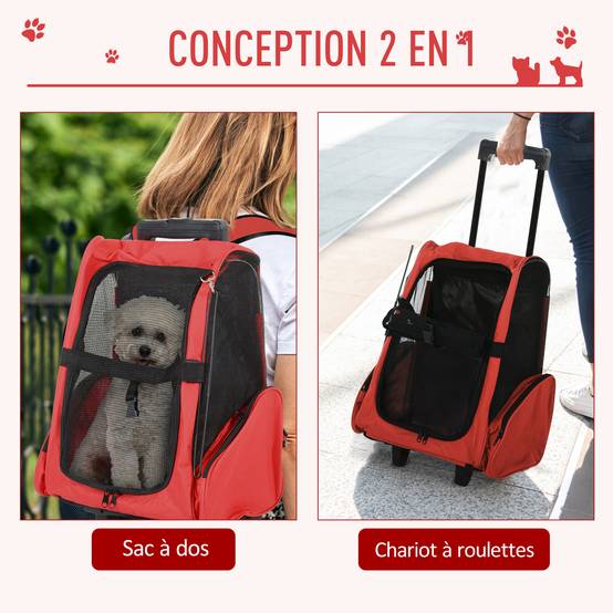 Sac de transport trolley tissu pour animaux 2 en 1 sac à dos aéré rouge 42x25x55cm - ComfortXL Outdoor Living - Image 6