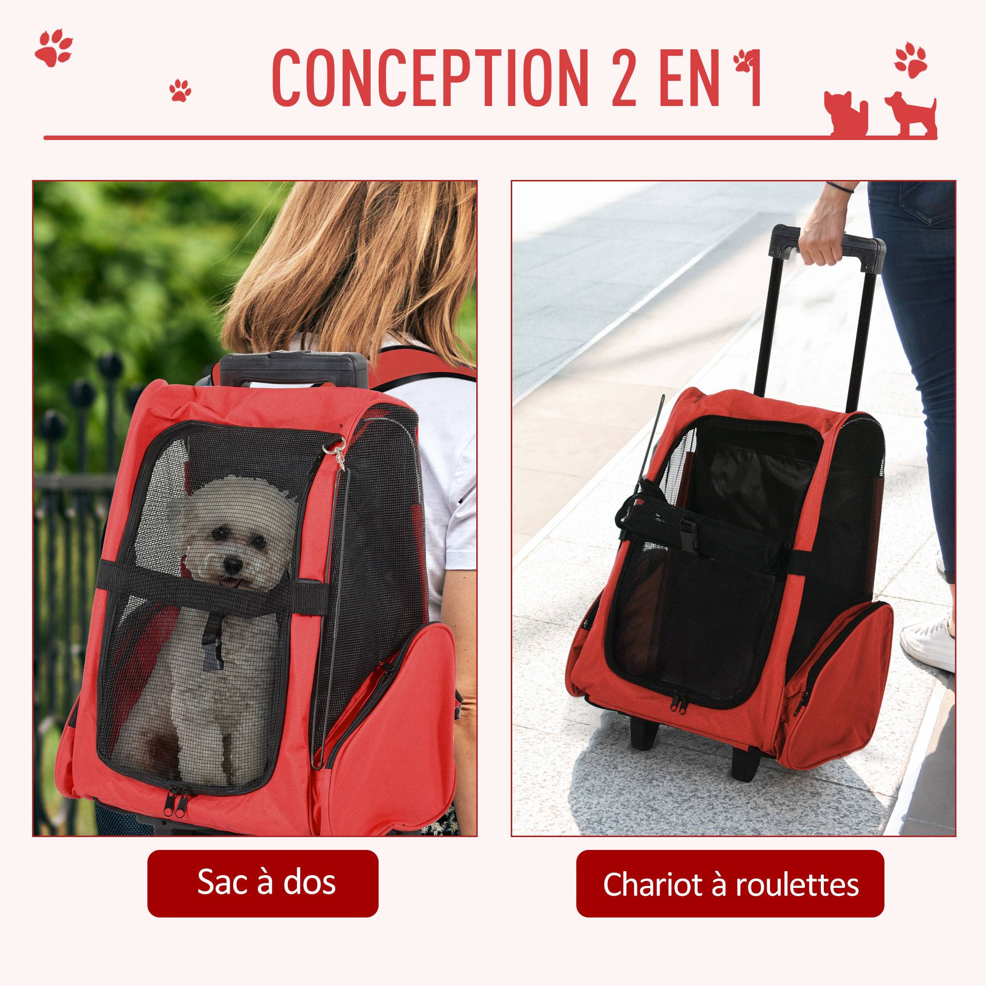 Sac de transport trolley tissu pour animaux 2 en 1 sac à dos aéré rouge 42x25x55cm - ComfortXL Outdoor Living - Image 6