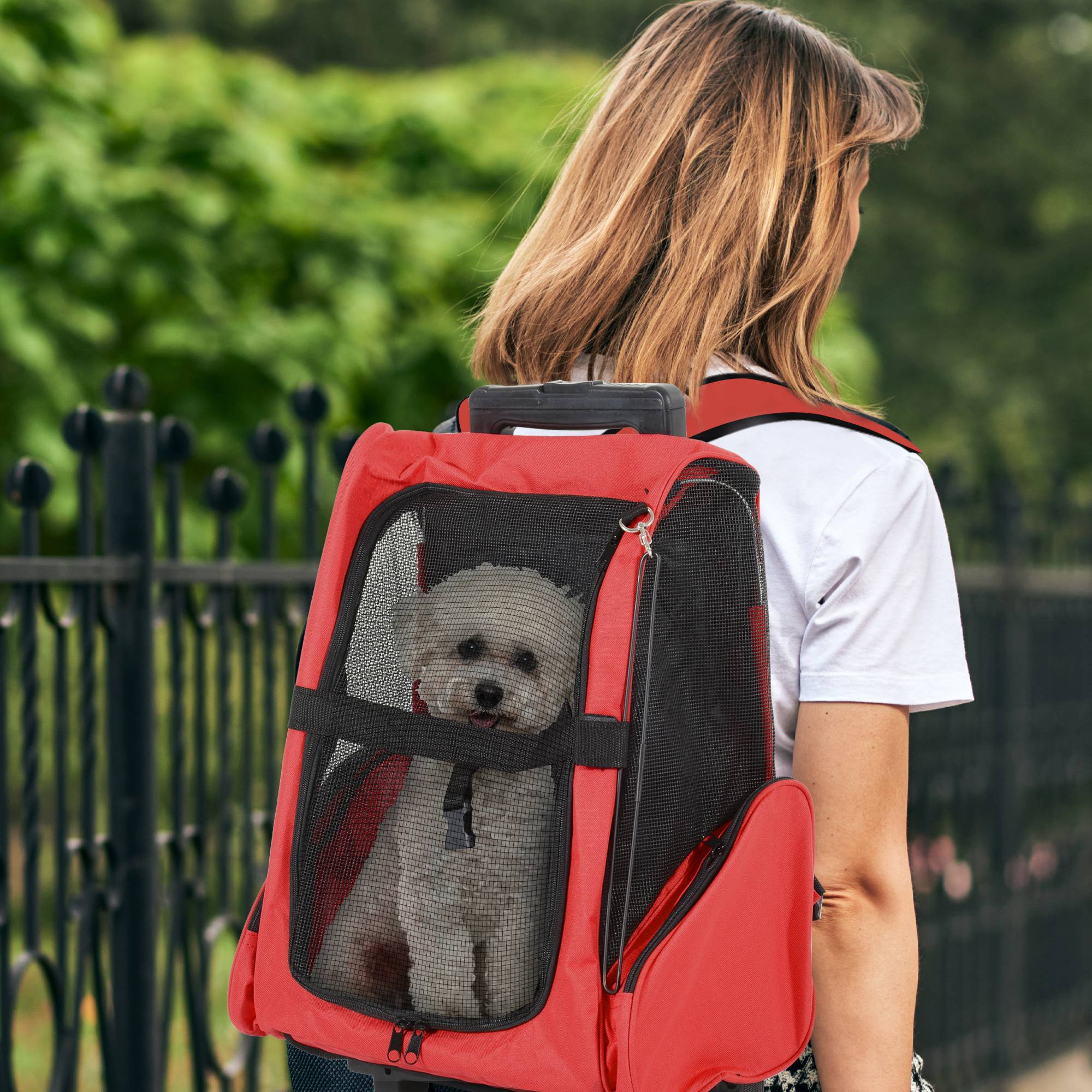 Sac de transport trolley tissu pour animaux 2 en 1 sac à dos aéré rouge 42x25x55cm - ComfortXL Outdoor Living - Image 3