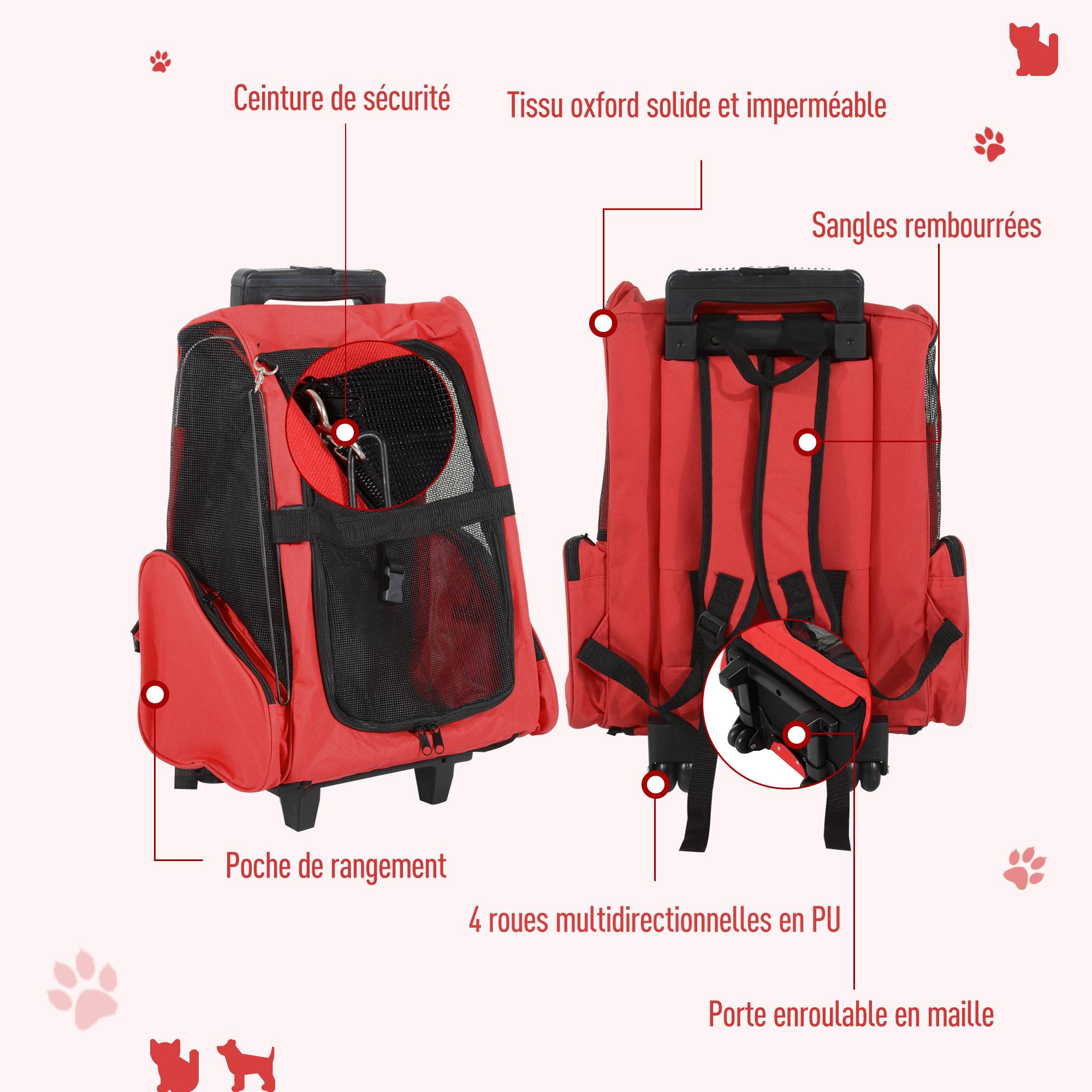 Sac de transport trolley tissu pour animaux 2 en 1 sac à dos aéré rouge 42x25x55cm - ComfortXL Outdoor Living - Image 9