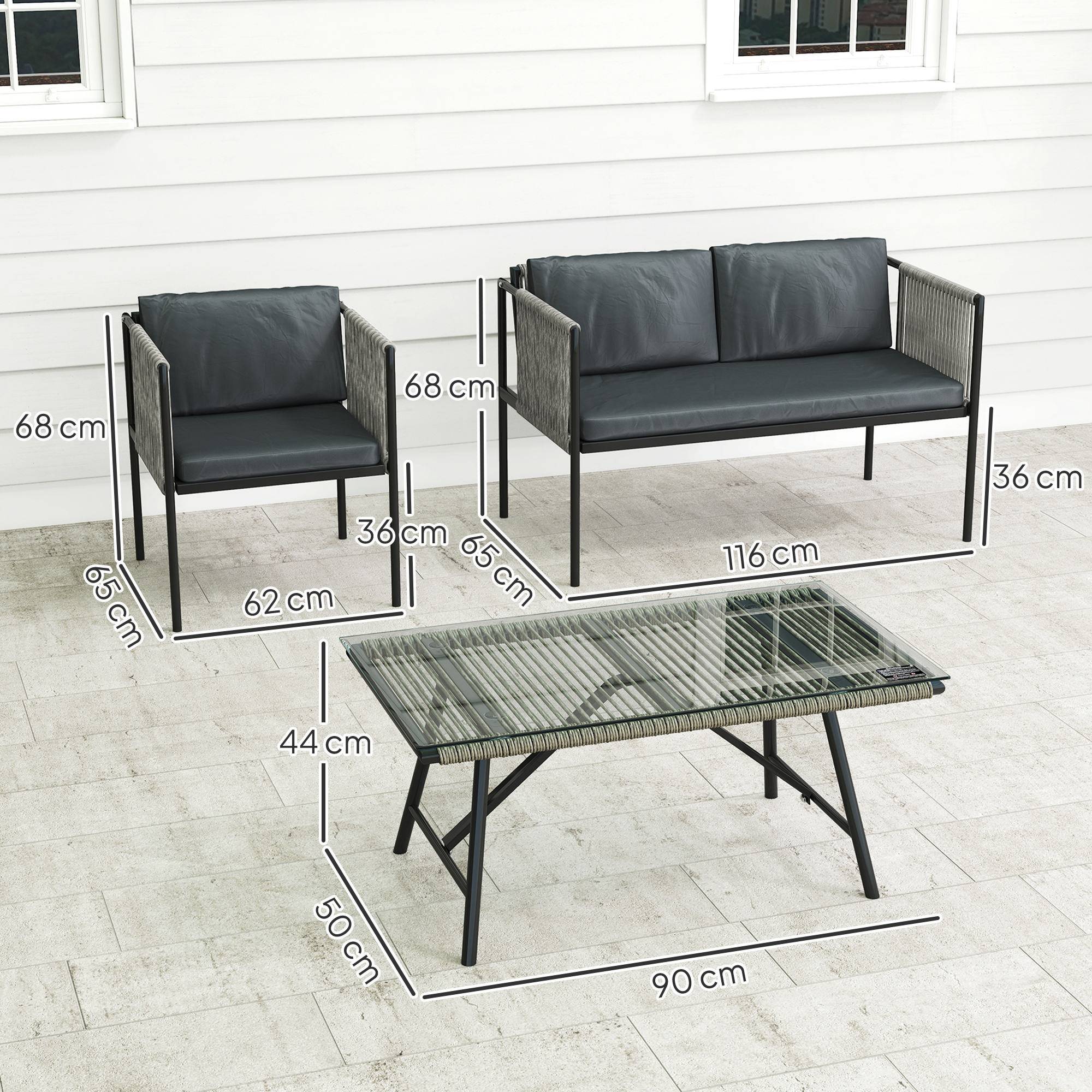 Mobilier de jardin 4 pièces : canapé + 2 fauteuils + table verre, coussins, cadre acier, rotin plastique, gris - Image 3