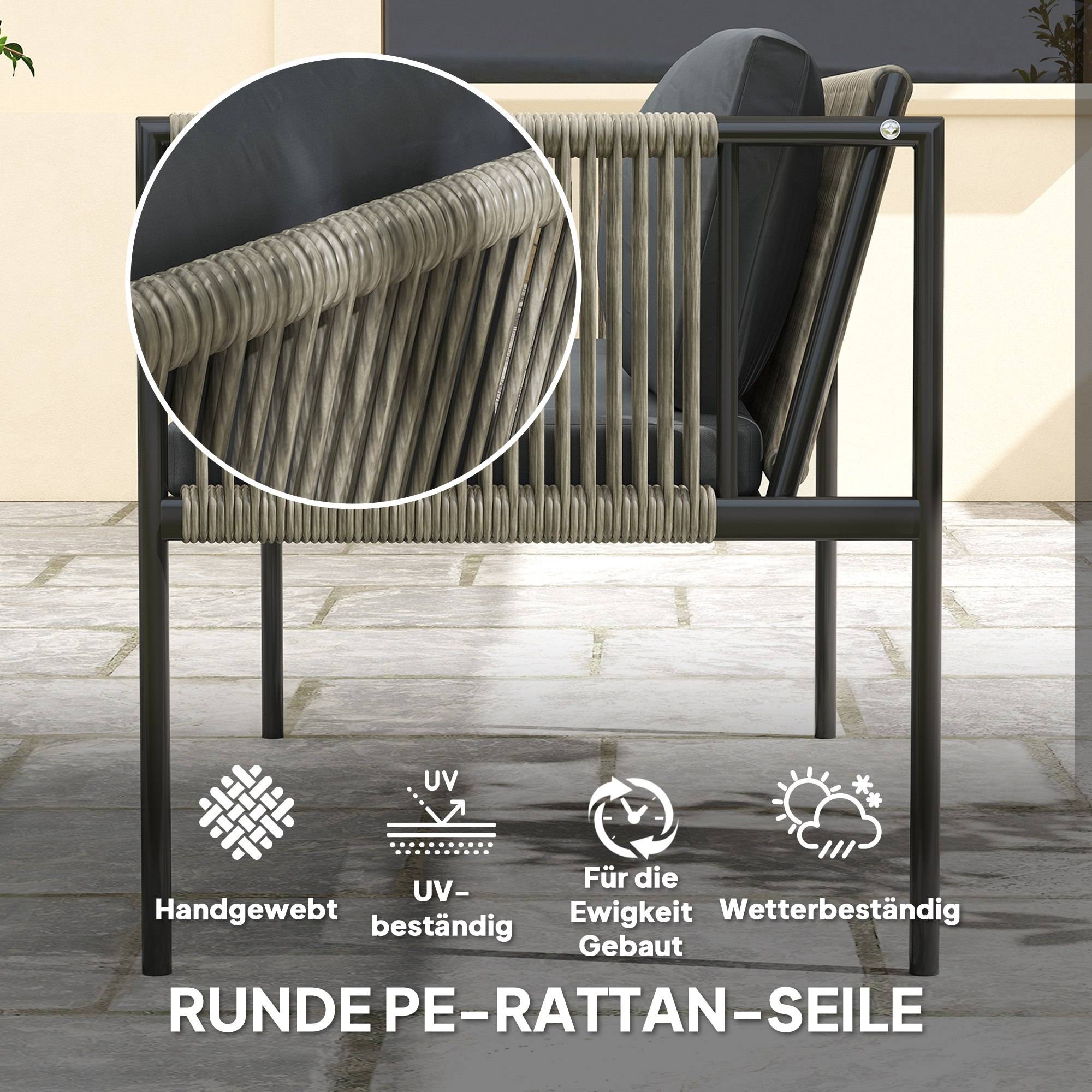Mobilier de jardin 4 pièces : canapé + 2 fauteuils + table verre, coussins, cadre acier, rotin plastique, gris - Image 5