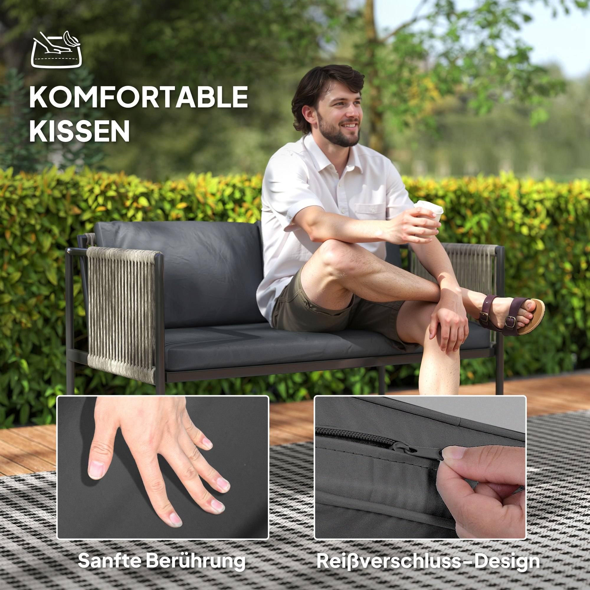 Mobilier de jardin 4 pièces : canapé + 2 fauteuils + table verre, coussins, cadre acier, rotin plastique, gris - Image 6