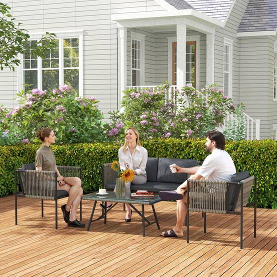 Mobilier de jardin 4 pièces : canapé + 2 fauteuils + table verre, coussins, cadre acier, rotin plastique, gris - Image 9