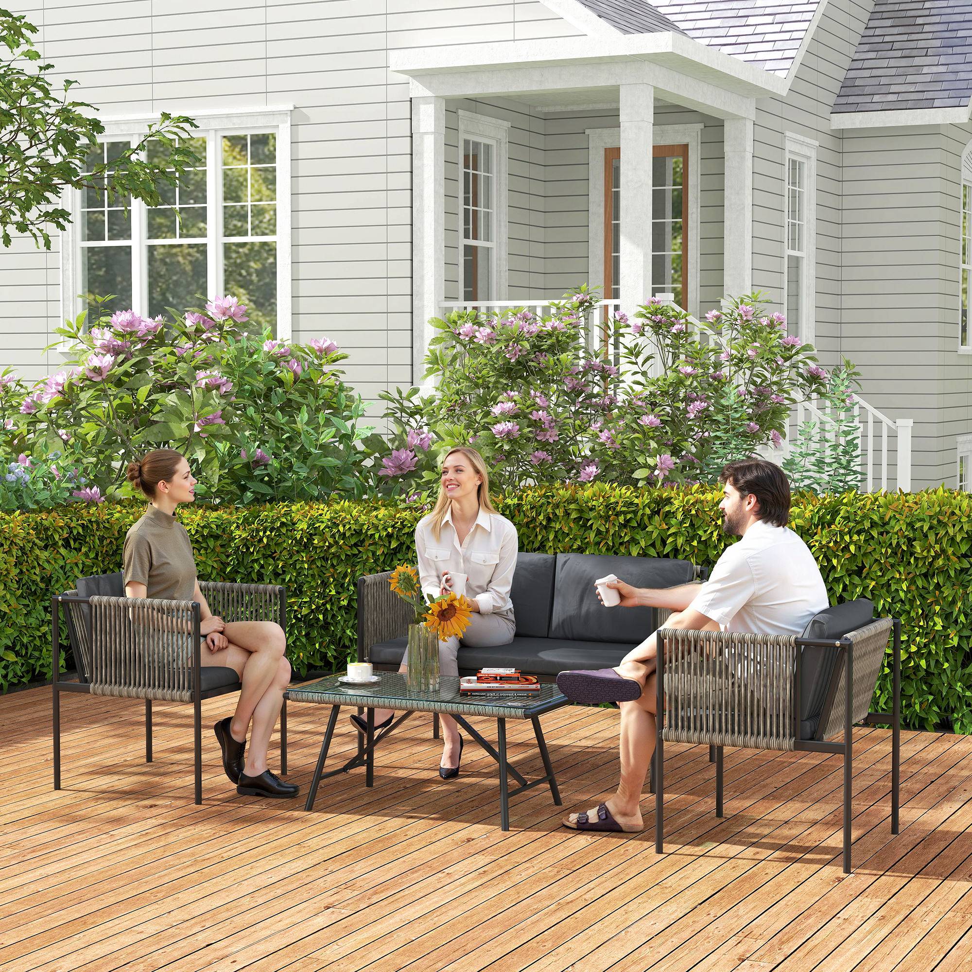 Mobilier de jardin 4 pièces : canapé + 2 fauteuils + table verre, coussins, cadre acier, rotin plastique, gris - Image 9