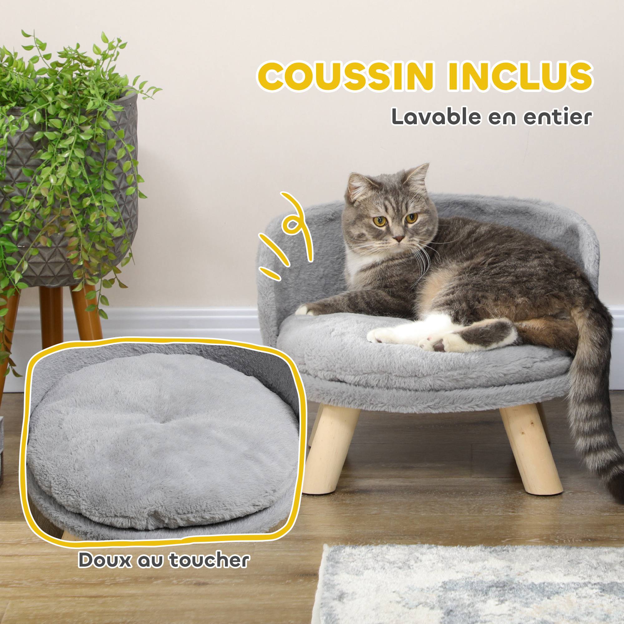 Sans Marque - Canapé lit panier pour chien design scandinave coussin moelleux amovible pieds en bois Ø 40,5 x 33H cm gris - Image 7