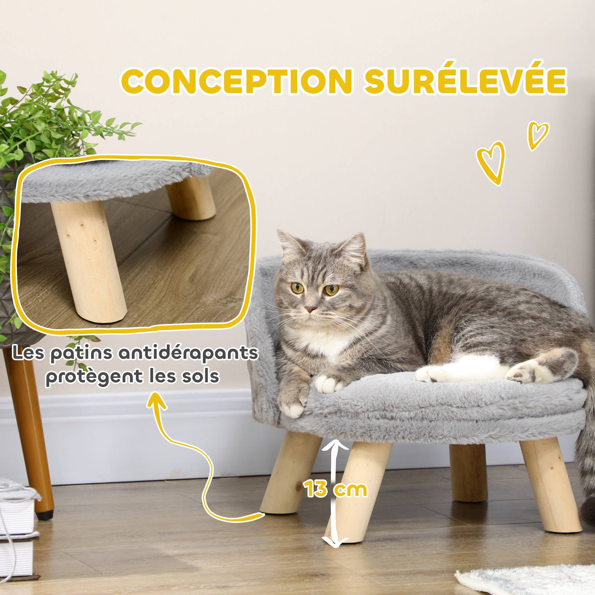 Sans Marque - Canapé lit panier pour chien design scandinave coussin moelleux amovible pieds en bois Ø 40,5 x 33H cm gris - Image 8