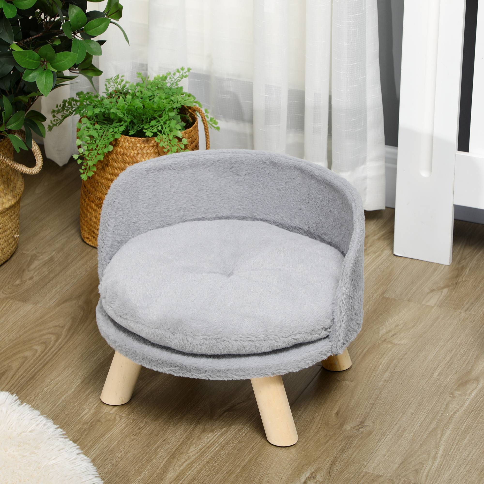 Sans Marque - Canapé lit panier pour chien design scandinave coussin moelleux amovible pieds en bois Ø 40,5 x 33H cm gris - Image 9