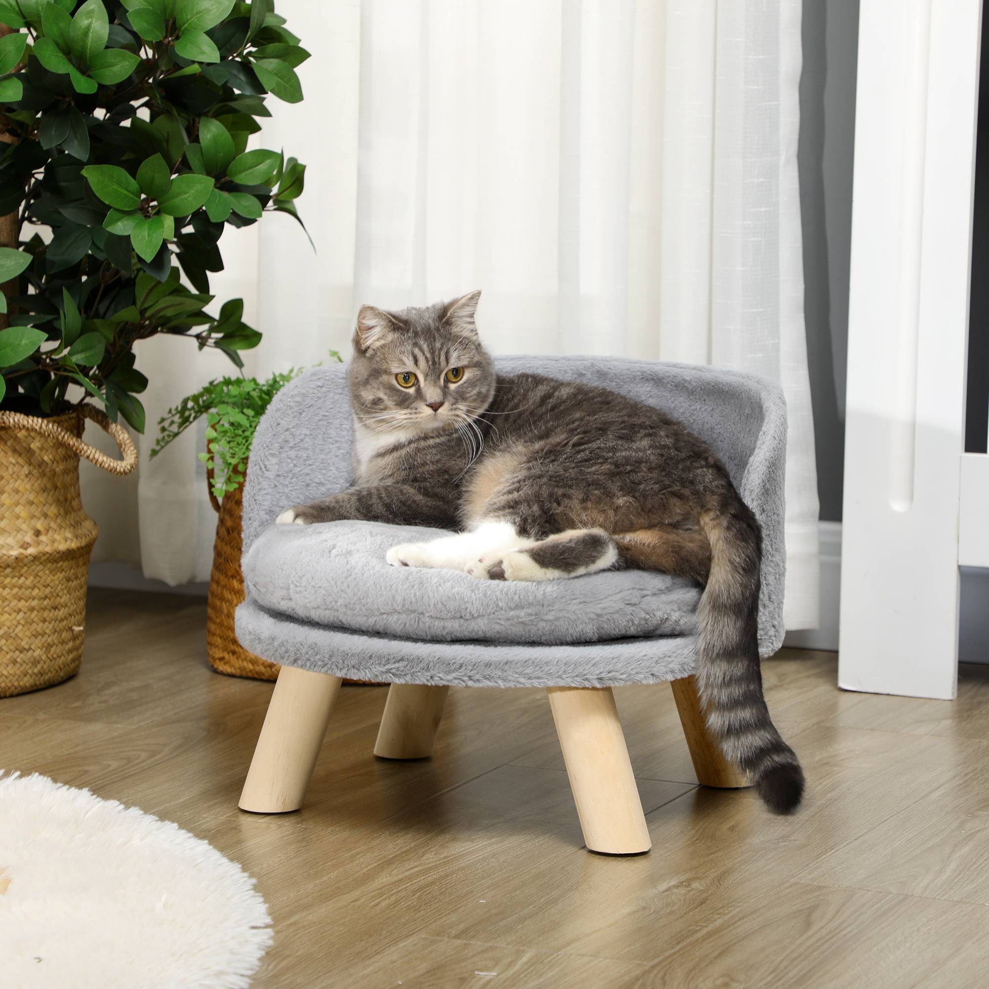 Sans Marque - Canapé lit panier pour chien design scandinave coussin moelleux amovible pieds en bois Ø 40,5 x 33H cm gris - Image 3