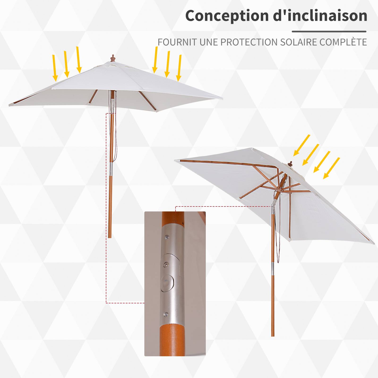 Parasol rectangulaire inclinable en bois de bambou et polyester crème 200 x 150 x 235 cm - PANGIVO - Image 6
