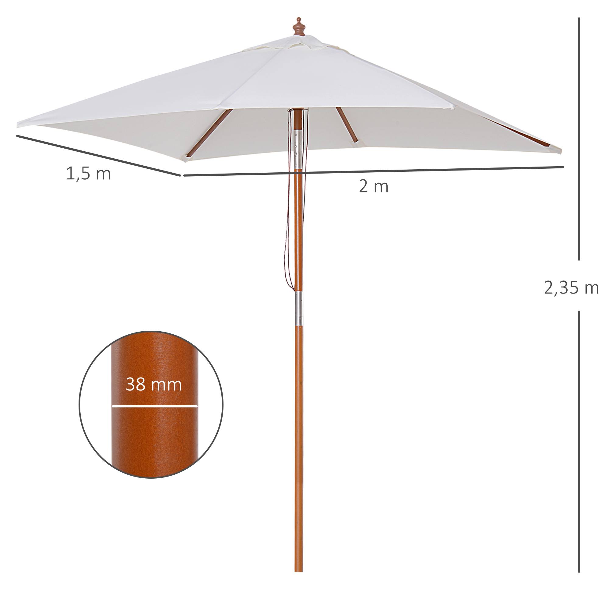 Parasol rectangulaire inclinable en bois de bambou et polyester crème 200 x 150 x 235 cm - PANGIVO - Image 5