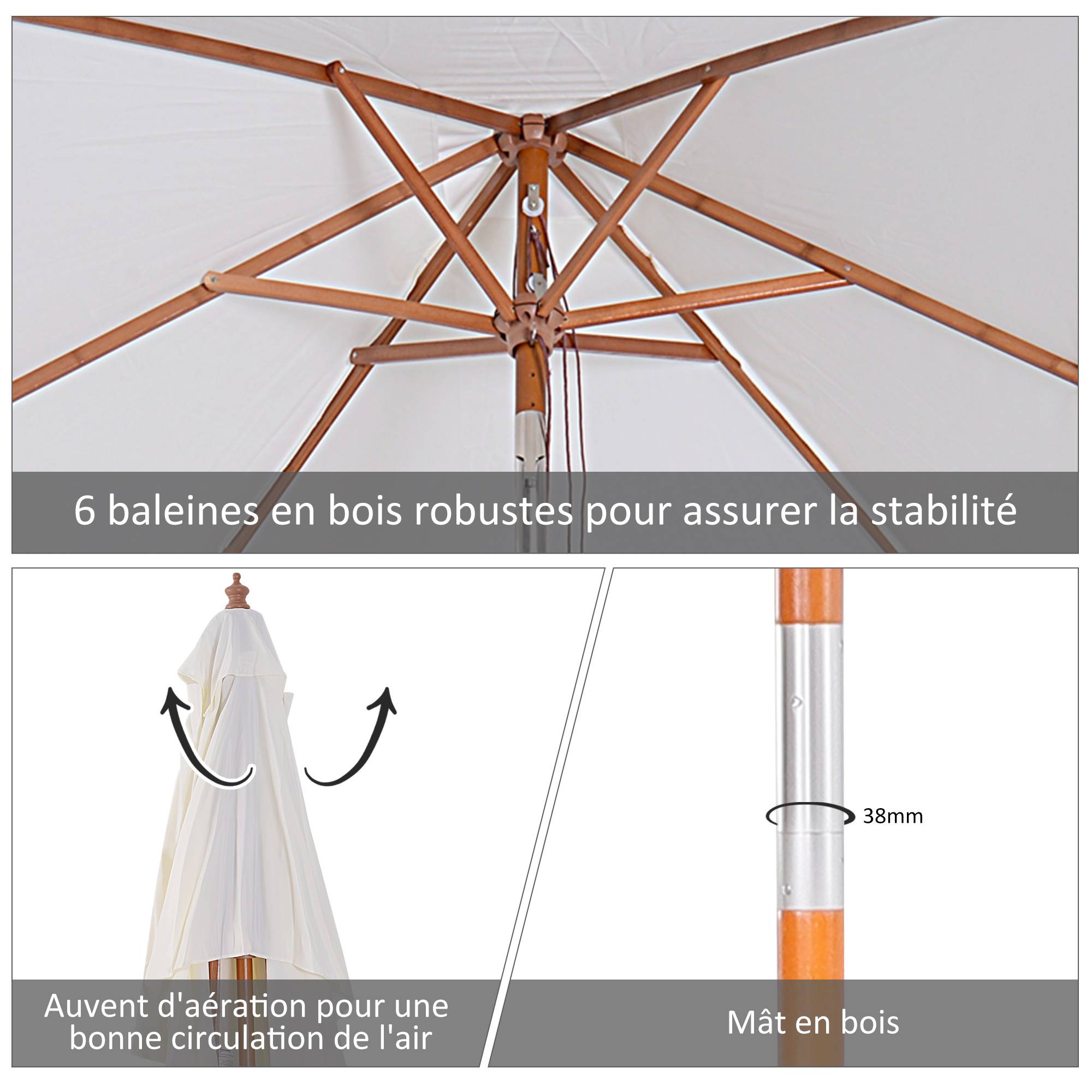 Parasol rectangulaire inclinable en bois de bambou et polyester crème 200 x 150 x 235 cm - PANGIVO - Image 7
