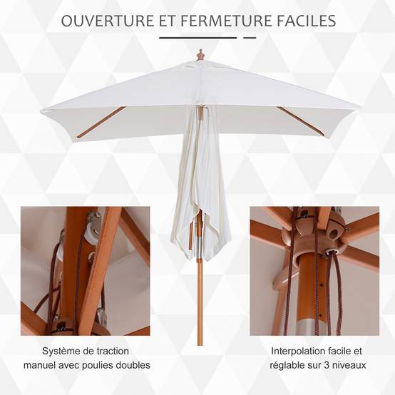Parasol rectangulaire inclinable en bois de bambou et polyester crème 200 x 150 x 235 cm - PANGIVO - Image 8