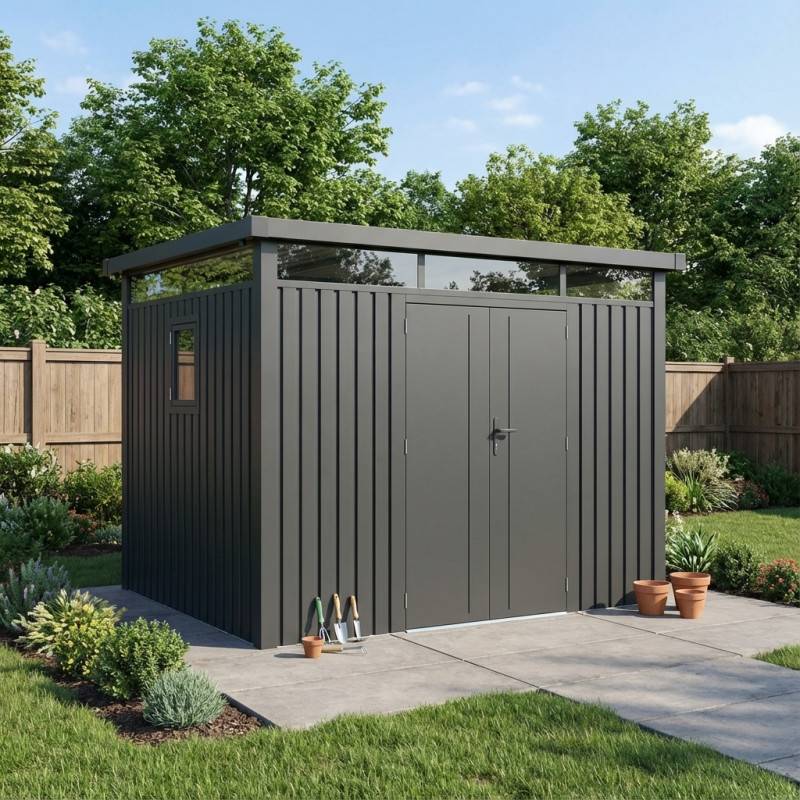X-Metal - Abri de jardin en acier galvanisé 6,76 m² toit plat gris X-Metal Kosto avec kit d'ancrage - Image 1