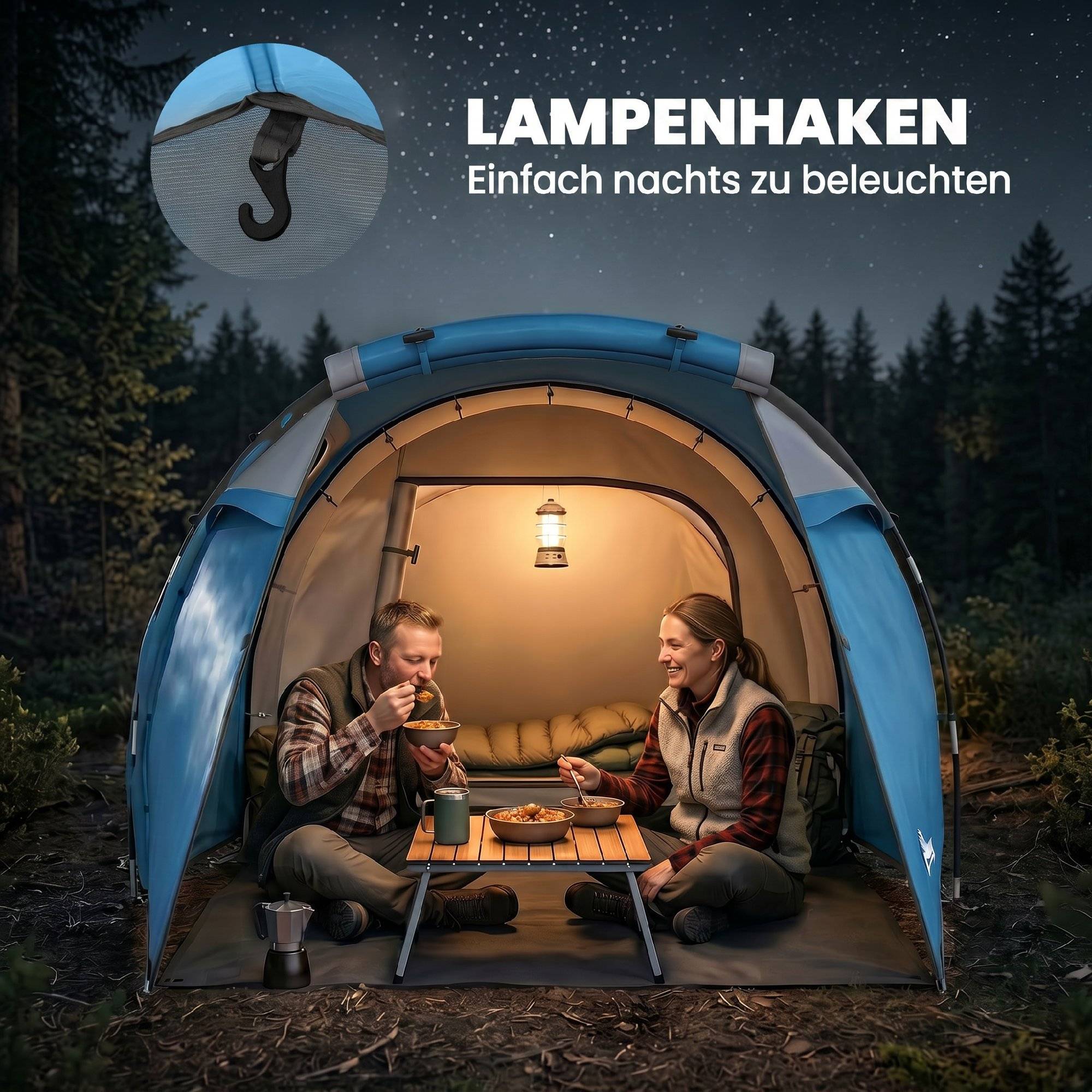 Sans Marque - Tente camping, pop-up 2 pers., auvent+coin nuit, imperméable, 426x206x154cm, bleu clair - Image 8