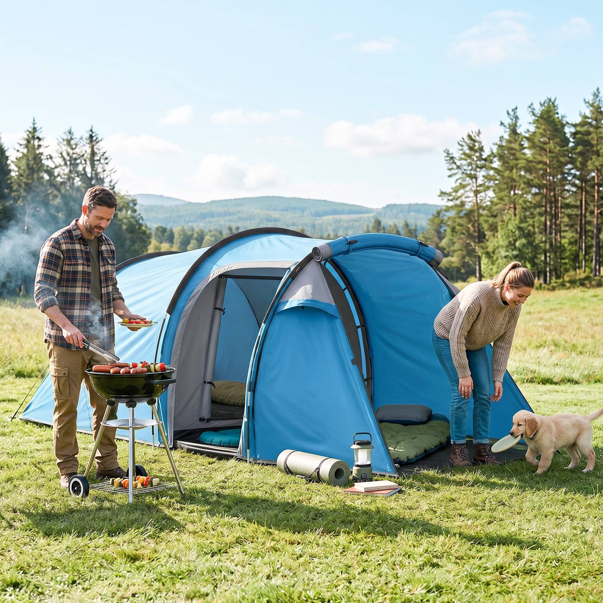 Sans Marque - Tente camping, pop-up 2 pers., auvent+coin nuit, imperméable, 426x206x154cm, bleu clair - Image 3