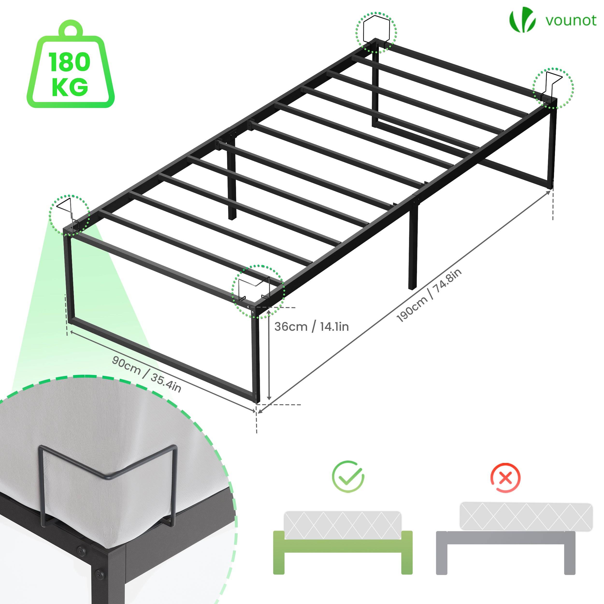 Vounot - Cadre de lit metal avec fixation sommier et hauteur 36cm 90x190cm noir - Image 2