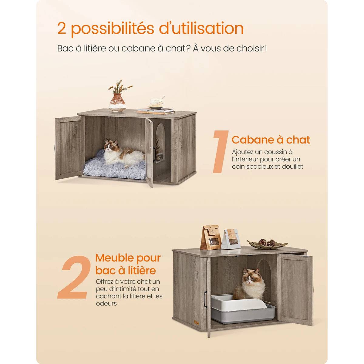 Meuble cache-litière pour chats – Espace fermé avec portes et rangements - FEANDREA - Image 3