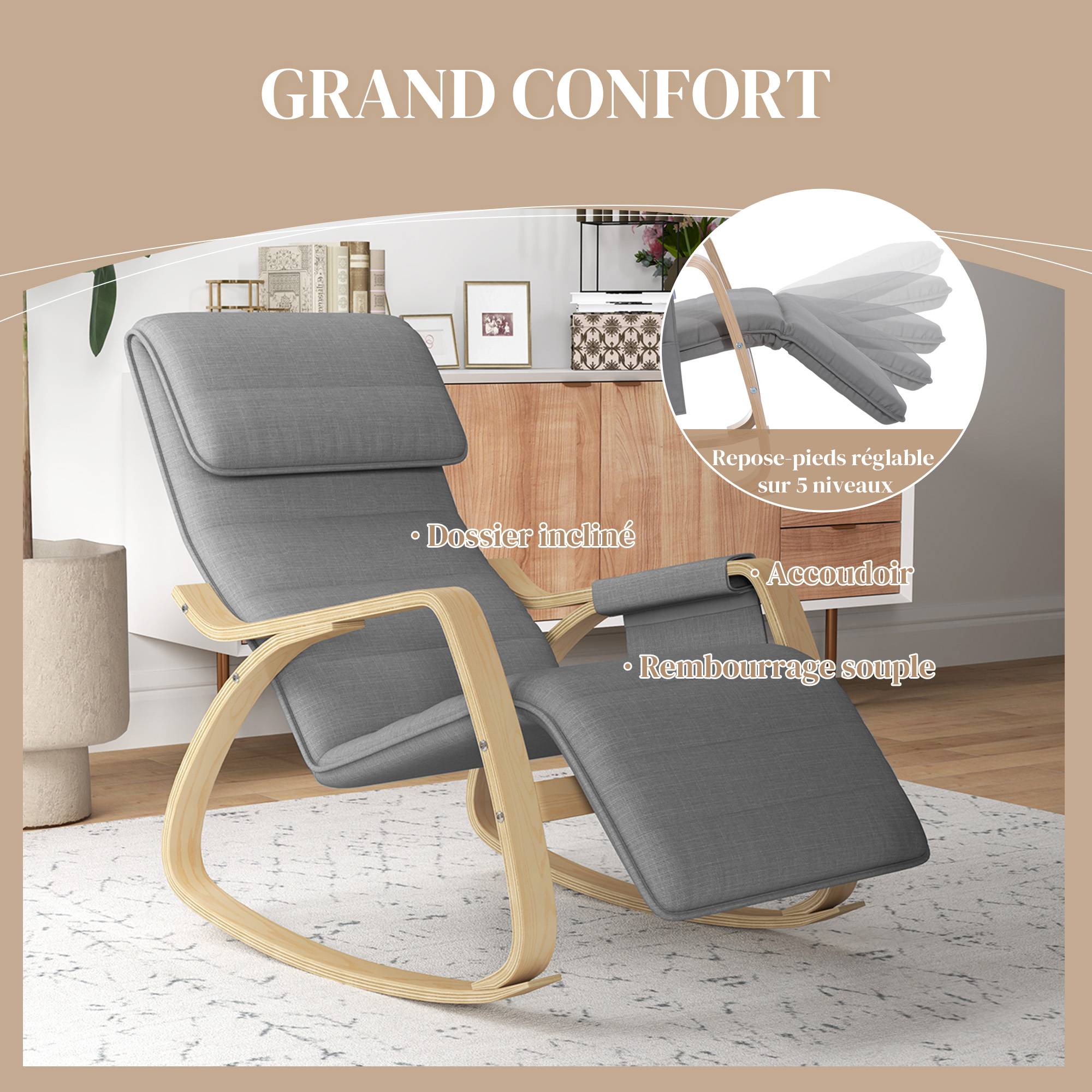 Sans Marque - Fauteuil relax à bascule fauteuil allaitement avec repose-pieds réglable, poche latérale et appui-tête, gris - Image 7