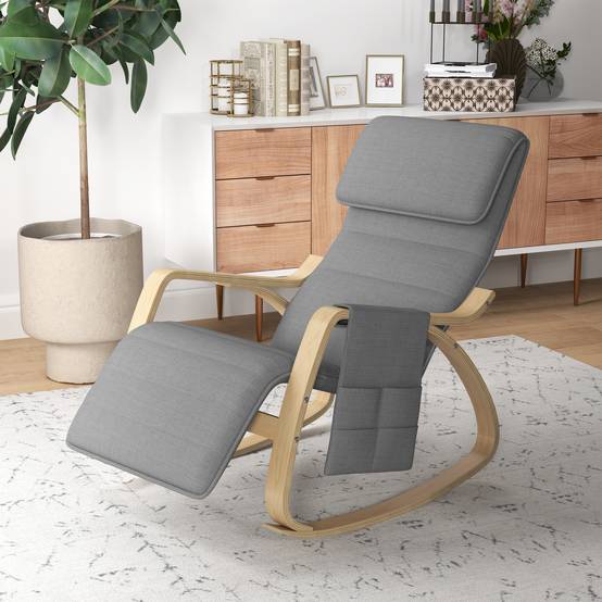 Sans Marque - Fauteuil relax à bascule fauteuil allaitement avec repose-pieds réglable, poche latérale et appui-tête, gris - Image 4