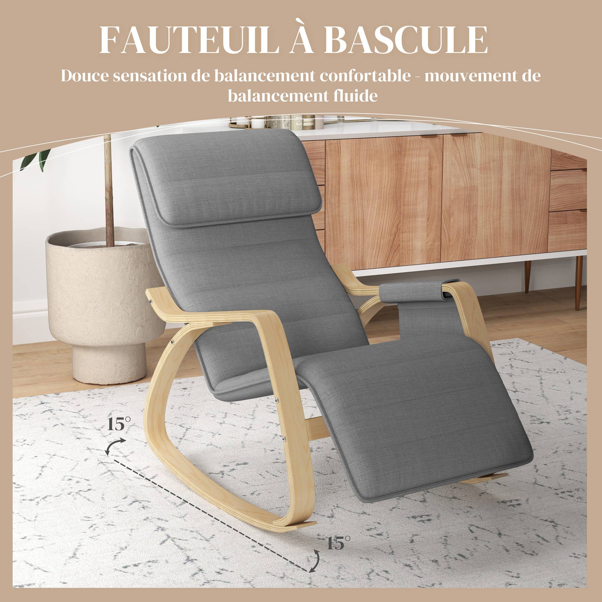 Sans Marque - Fauteuil relax à bascule fauteuil allaitement avec repose-pieds réglable, poche latérale et appui-tête, gris - Image 6