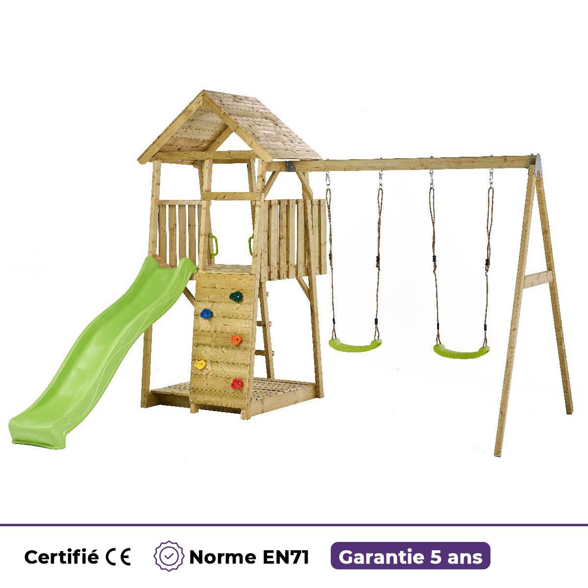 Kangui - Aire de jeux bois, 2 balançoires, toboggan, escalade, bac à sable, table WOODI Kangui - Image 7
