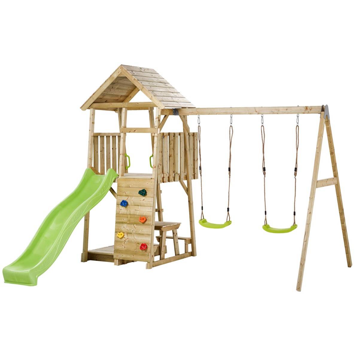 Kangui - Aire de jeux bois, 2 balançoires, toboggan, escalade, bac à sable, table WOODI Kangui - Image 1