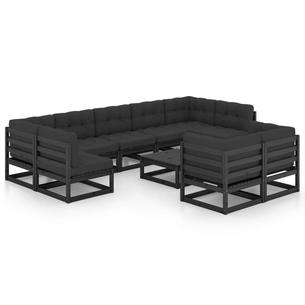 Helloshop26 - Salon de jardin meuble d'extérieur ensemble de mobilier 10 pièces avec coussins noir bois de pin massif - Image 1