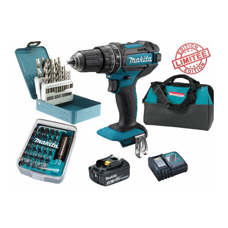 Pack Perceuse visseuse à percussion Makita 18V 62Nm DHP482 + 1 batt 3 Ah + 30 embouts de vissage + 18 forets + sac - Image 1