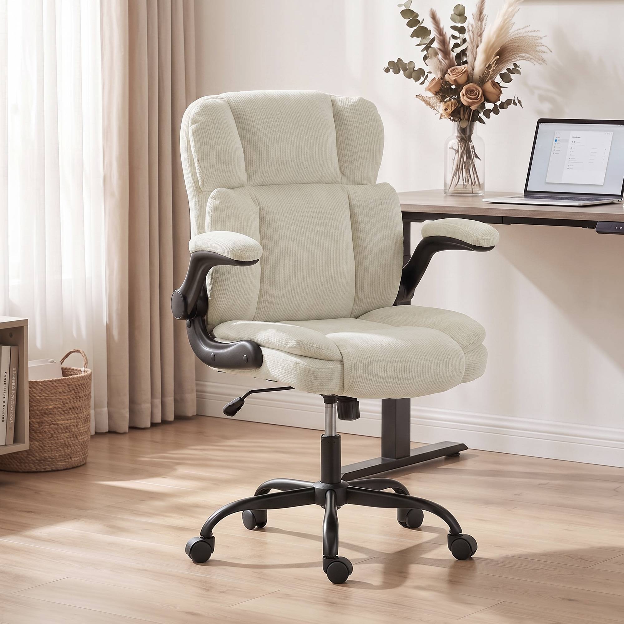Sans Marque - Chaise de Bureau Ergonomique en Chenille, Fonction Bascule, Accoudoirs Relevables, Hauteur Réglable, 70x67x108cm, Beige - Image 3