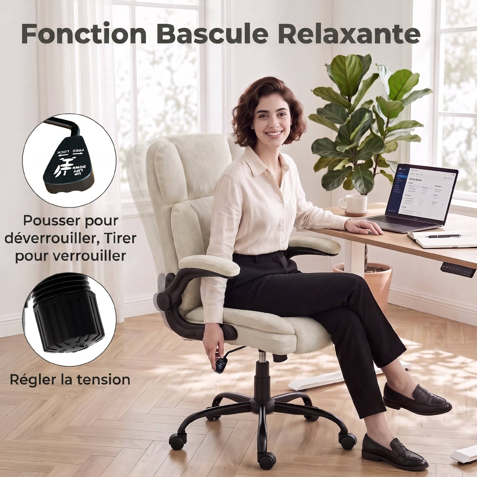 Sans Marque - Chaise de Bureau Ergonomique en Chenille, Fonction Bascule, Accoudoirs Relevables, Hauteur Réglable, 70x67x108cm, Beige - Image 9