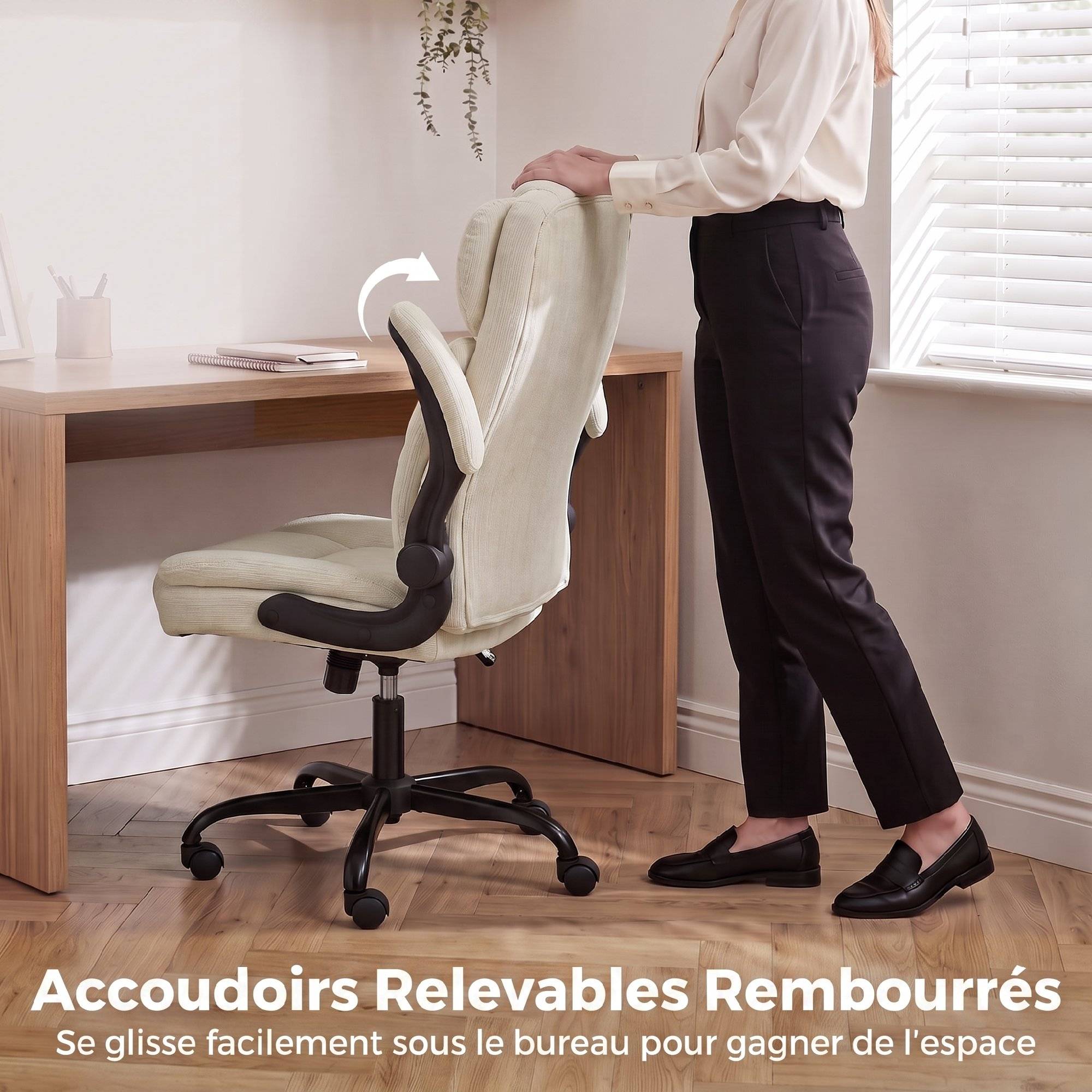 Sans Marque - Chaise de Bureau Ergonomique en Chenille, Fonction Bascule, Accoudoirs Relevables, Hauteur Réglable, 70x67x108cm, Beige - Image 8
