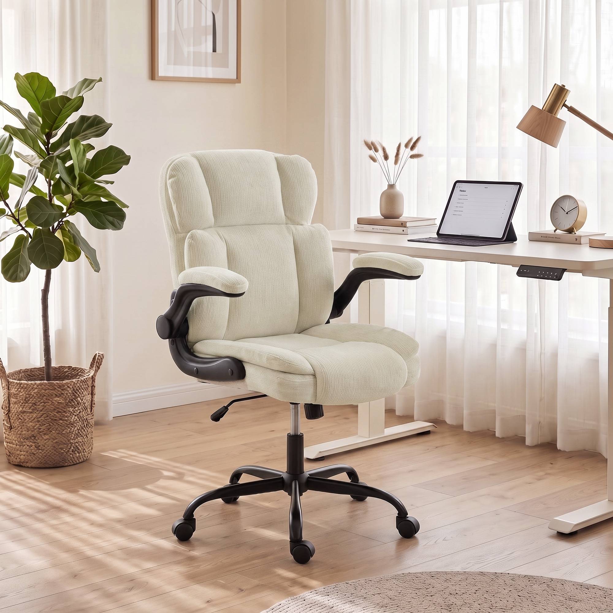 Sans Marque - Chaise de Bureau Ergonomique en Chenille, Fonction Bascule, Accoudoirs Relevables, Hauteur Réglable, 70x67x108cm, Beige - Image 4