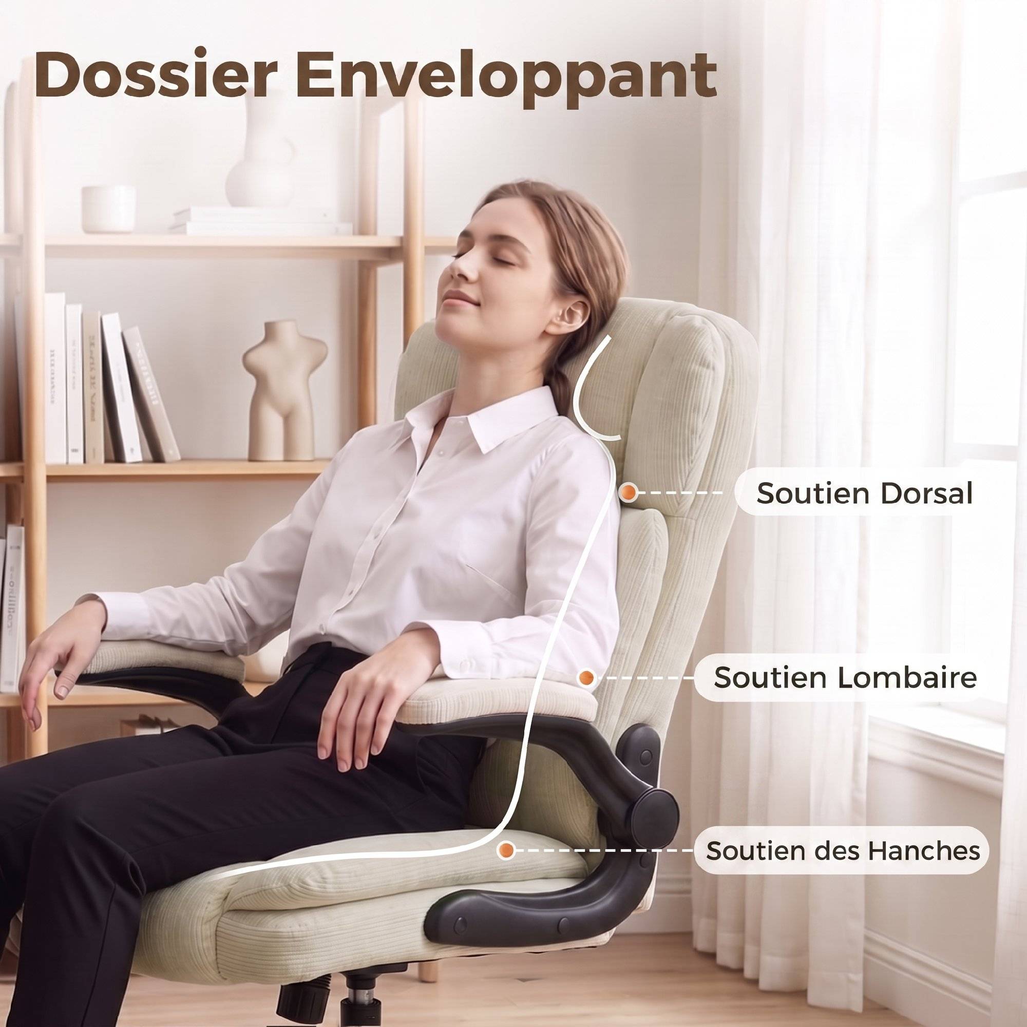 Sans Marque - Chaise de Bureau Ergonomique en Chenille, Fonction Bascule, Accoudoirs Relevables, Hauteur Réglable, 70x67x108cm, Beige - Image 7