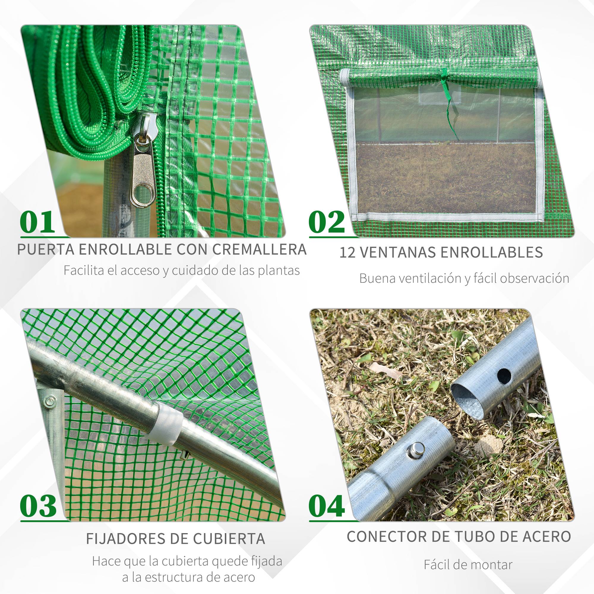 Serre Tunnel de Jardin 8 x 3 x 2 m avec 12 Fenêtres et Porte Enroulable, Structure Acier, PE 140 g/m², pour Légumes et Tomates, Vert - Image 7
