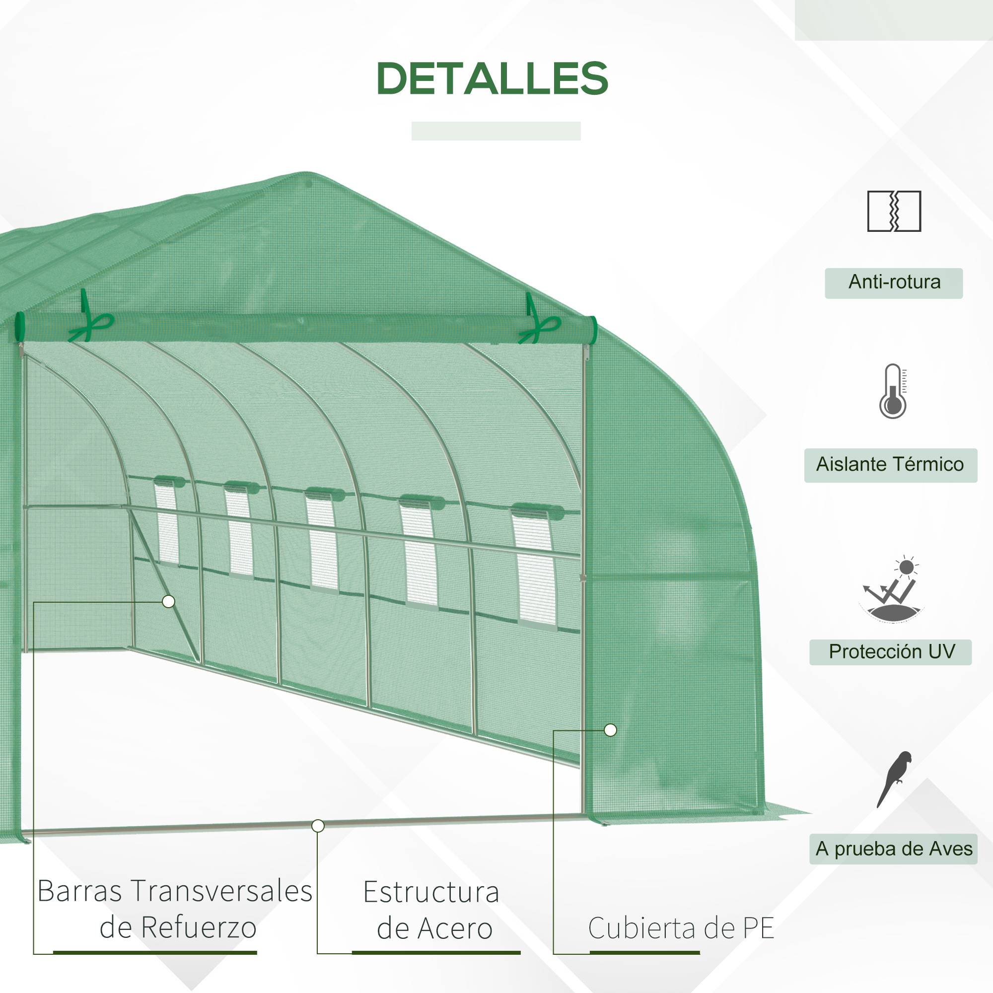 Serre Tunnel de Jardin 8 x 3 x 2 m avec 12 Fenêtres et Porte Enroulable, Structure Acier, PE 140 g/m², pour Légumes et Tomates, Vert - Image 6