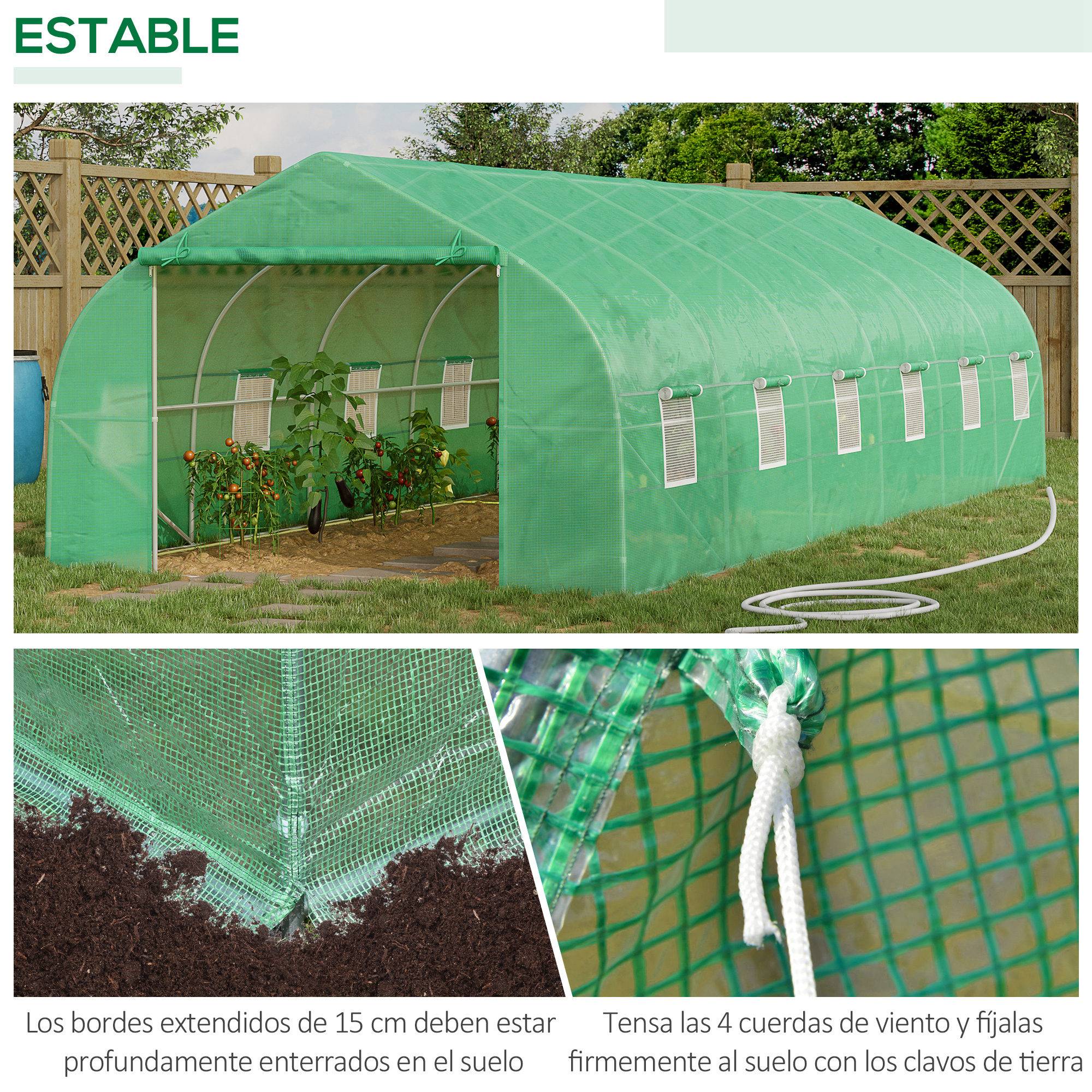 Serre Tunnel de Jardin 8 x 3 x 2 m avec 12 Fenêtres et Porte Enroulable, Structure Acier, PE 140 g/m², pour Légumes et Tomates, Vert - Image 8