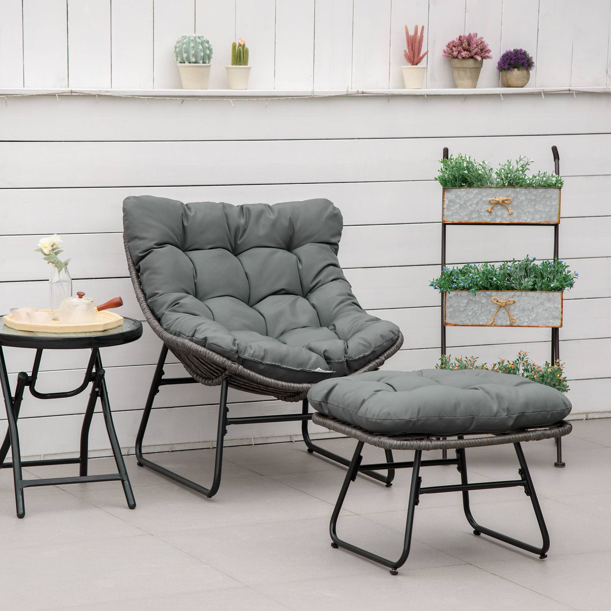 Sans Marque - Fauteuil chaise de jardin avec repose-pieds en métal époxy et résine tressée aspect rotin avec coussins - Image 3